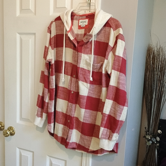 American Eagle‎ Red Plaid Hooded Flannel Shacket  Women’s Medium Cotton - Picture 5 of 10